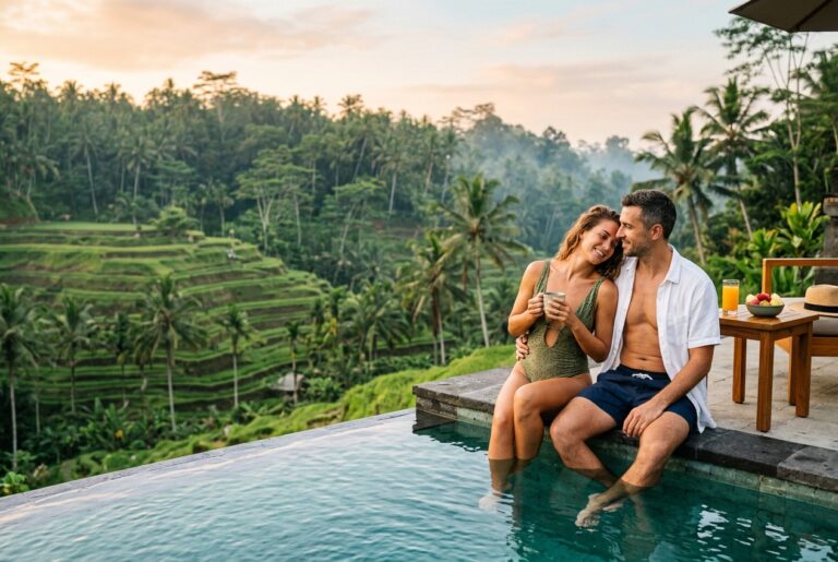 Couple in swimwear relaxing at a private infinity pool overlooking Ubud rice terraces, Bali