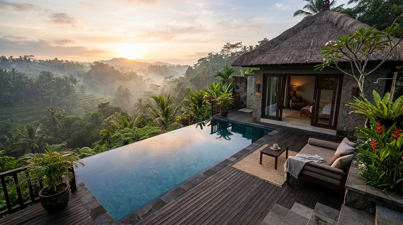 Illustrative adults-only pool villa overlooking a jungle valley near Ubud, Bali