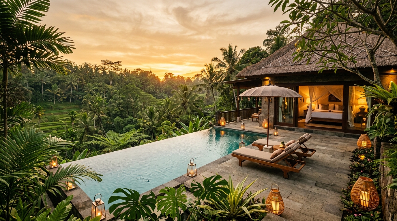 Illustrative private pool villa among lush greenery near Ubud, Bali