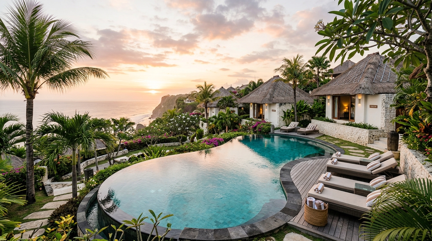 Illustrative peaceful boutique pool resort in Uluwatu, Bali