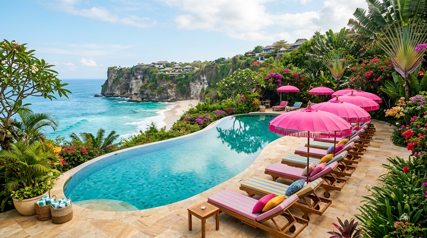 Illustrative colourful boutique pool near the coast in Uluwatu, Bali