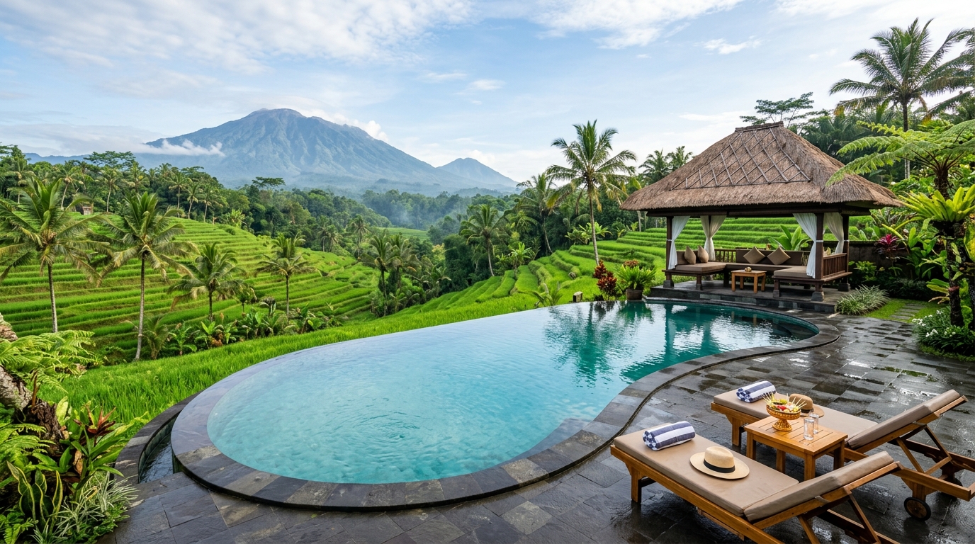 Illustrative infinity pool and rice-terrace view in Sidemen, Bali