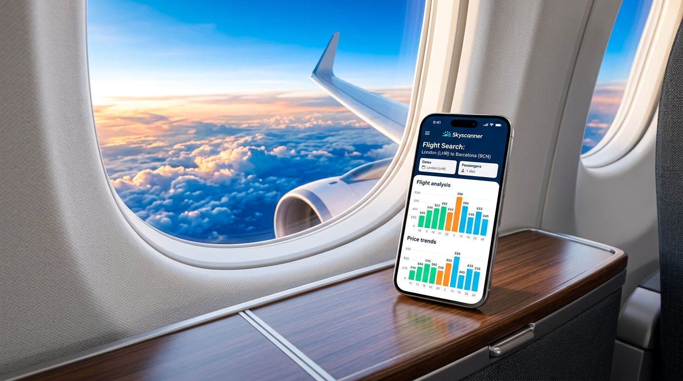 Skyscanner flight search on a plane